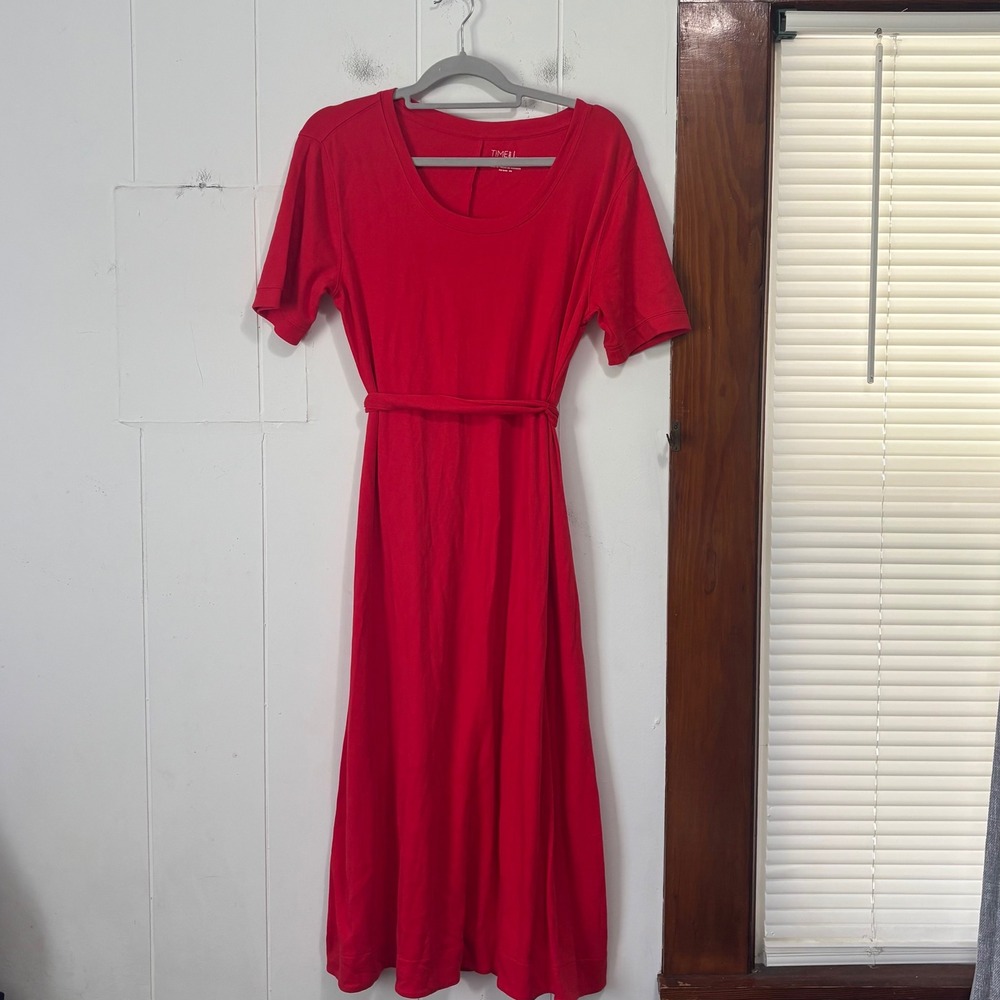 Time and Tru Womens Red Cotton Short Sleeve Tie Waist Midi Dress Size M 8-10